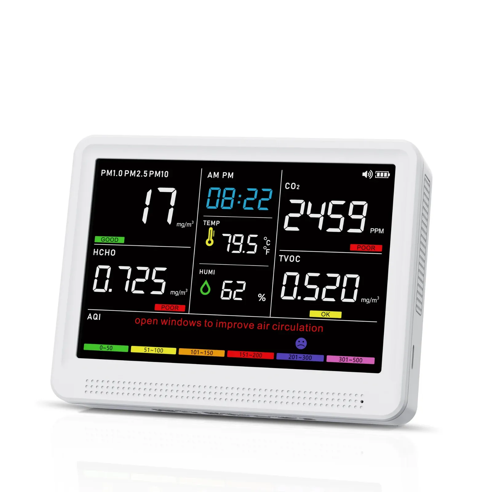 AK35 - Indoor Air Quality Monitor (CO2, TVOC, HCHO, PM1.0, PM2.5, PM10, Temperature, Humidity, AQI), 30mm Profile