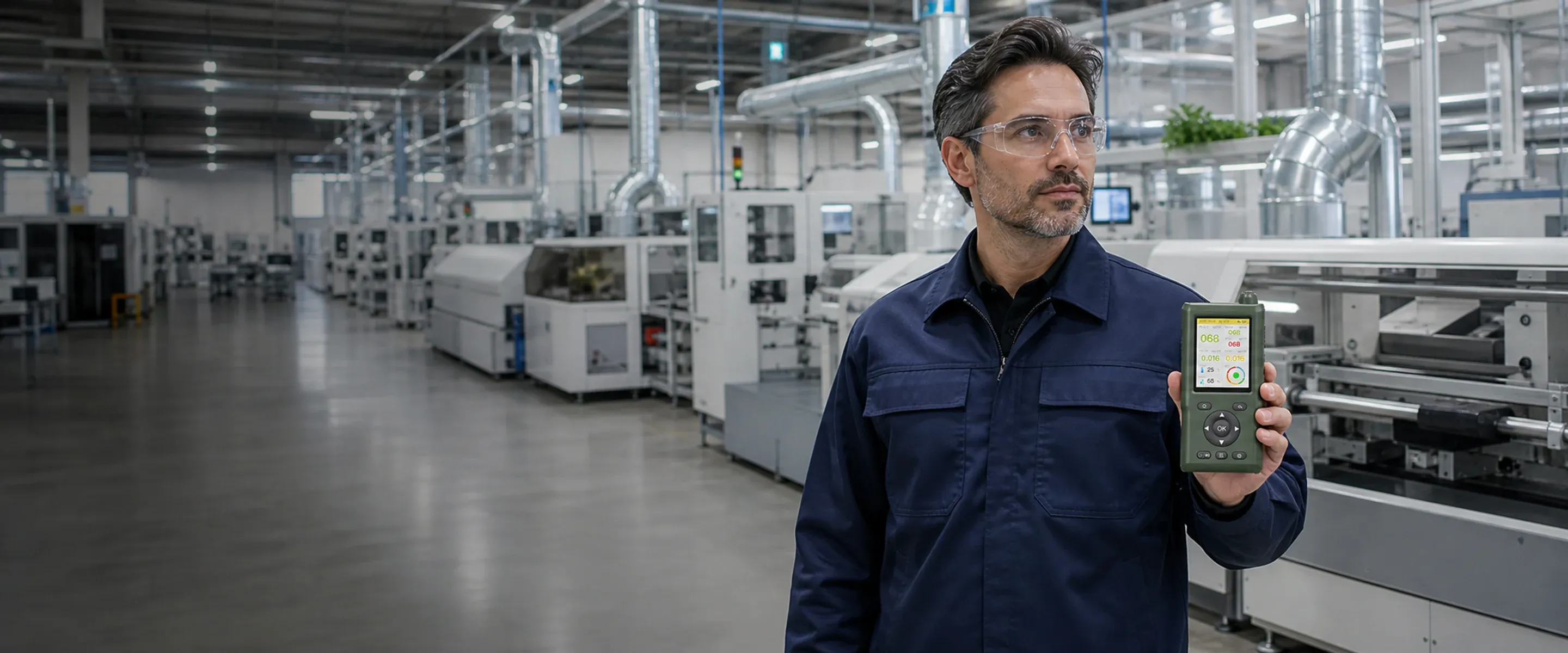 Technician in safety glasses holding a handheld AirSonde monitor on a production floor, with SMT lines and ventilation ducts behind him