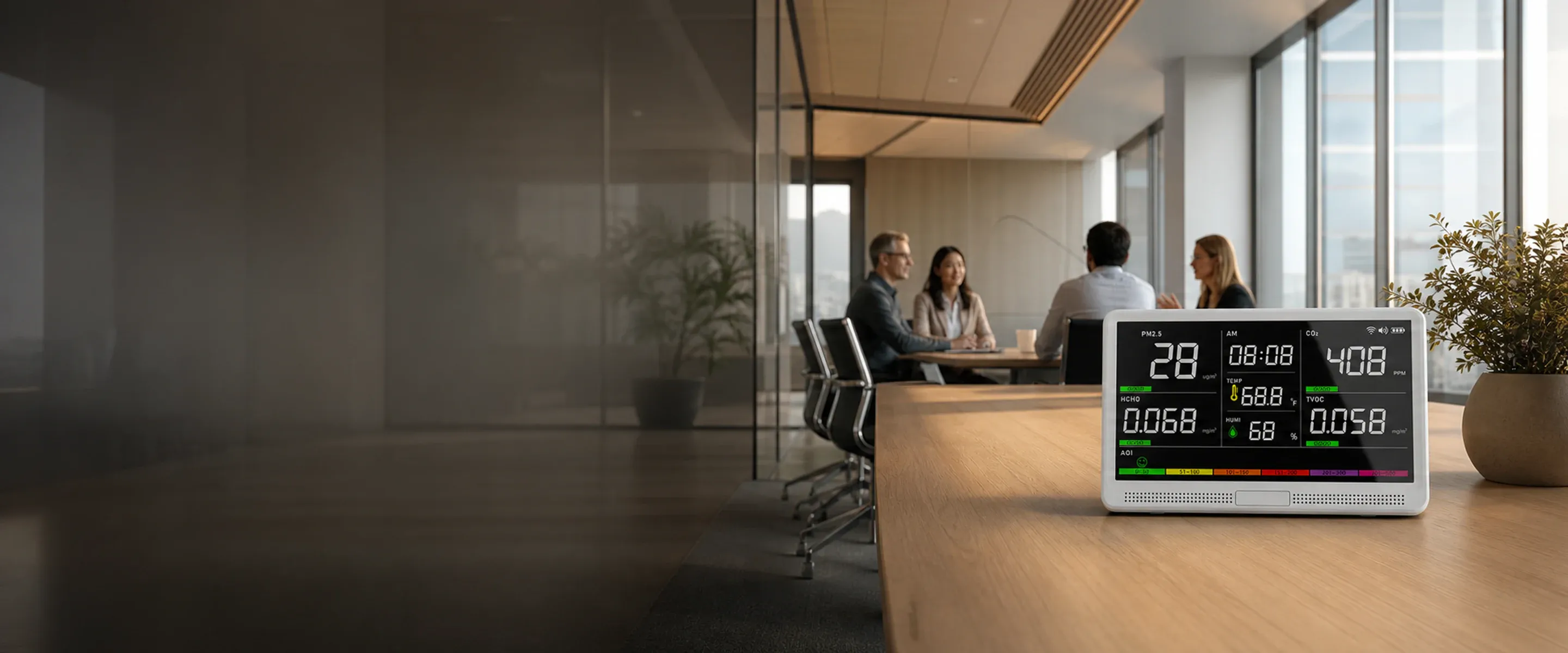 Air quality monitor on a long office desk showing PM2.5, CO2 and TVOC readings, with four colleagues meeting by the window behind it